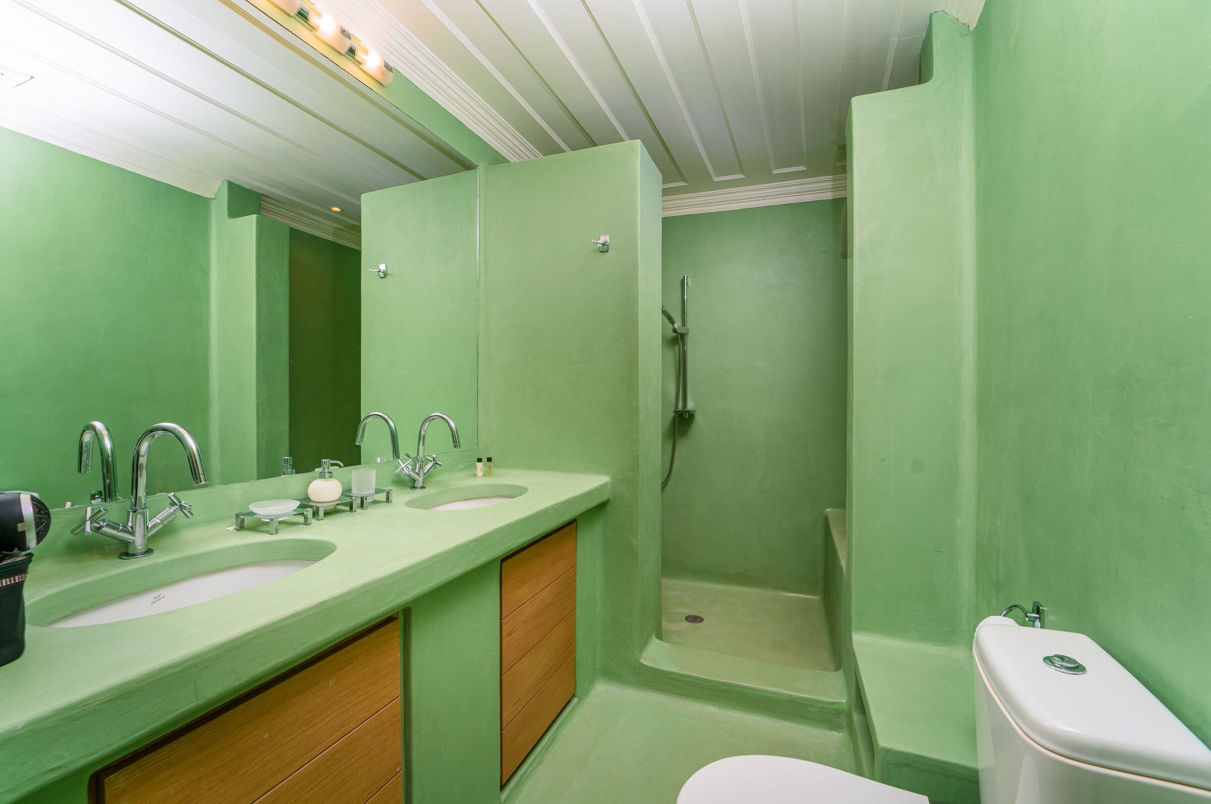 Une salle de bain aux tons verts, comprenant un lavabo, un miroir et une douche.