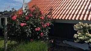 Ein Haus mit roten Ziegeln, einer Satellitenschüssel und einem Garten mit rosa und weißen Blüten.