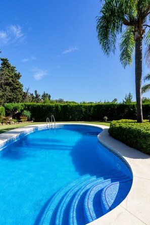 Une piscine d’un bleu éclatant, à bords incurvés, entourée d’arbustes bien entretenus et de palmiers.