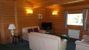 A log cabin interior with a sofa, a television, a lamp, and a window with curtains.