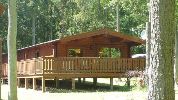 A wooden cabin with a balcony, surrounded by trees.