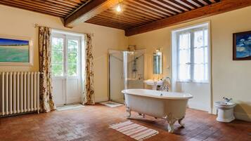 Combined shower/tub, hair dryer, bidet, towels
