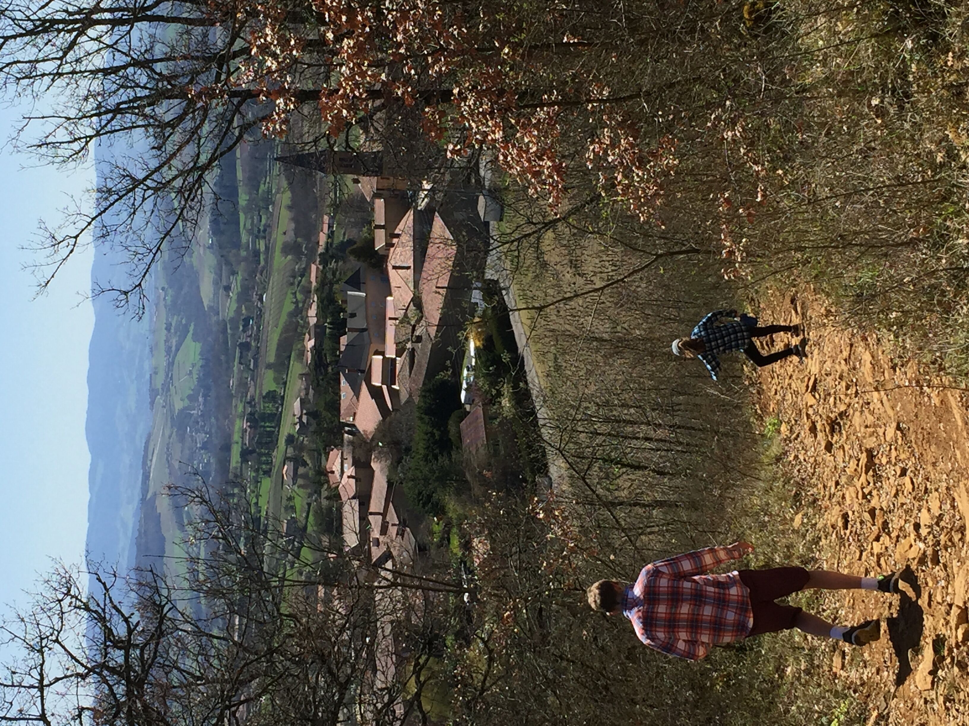 A rural landscape with a clear view of a village and a mountain range in the distance.