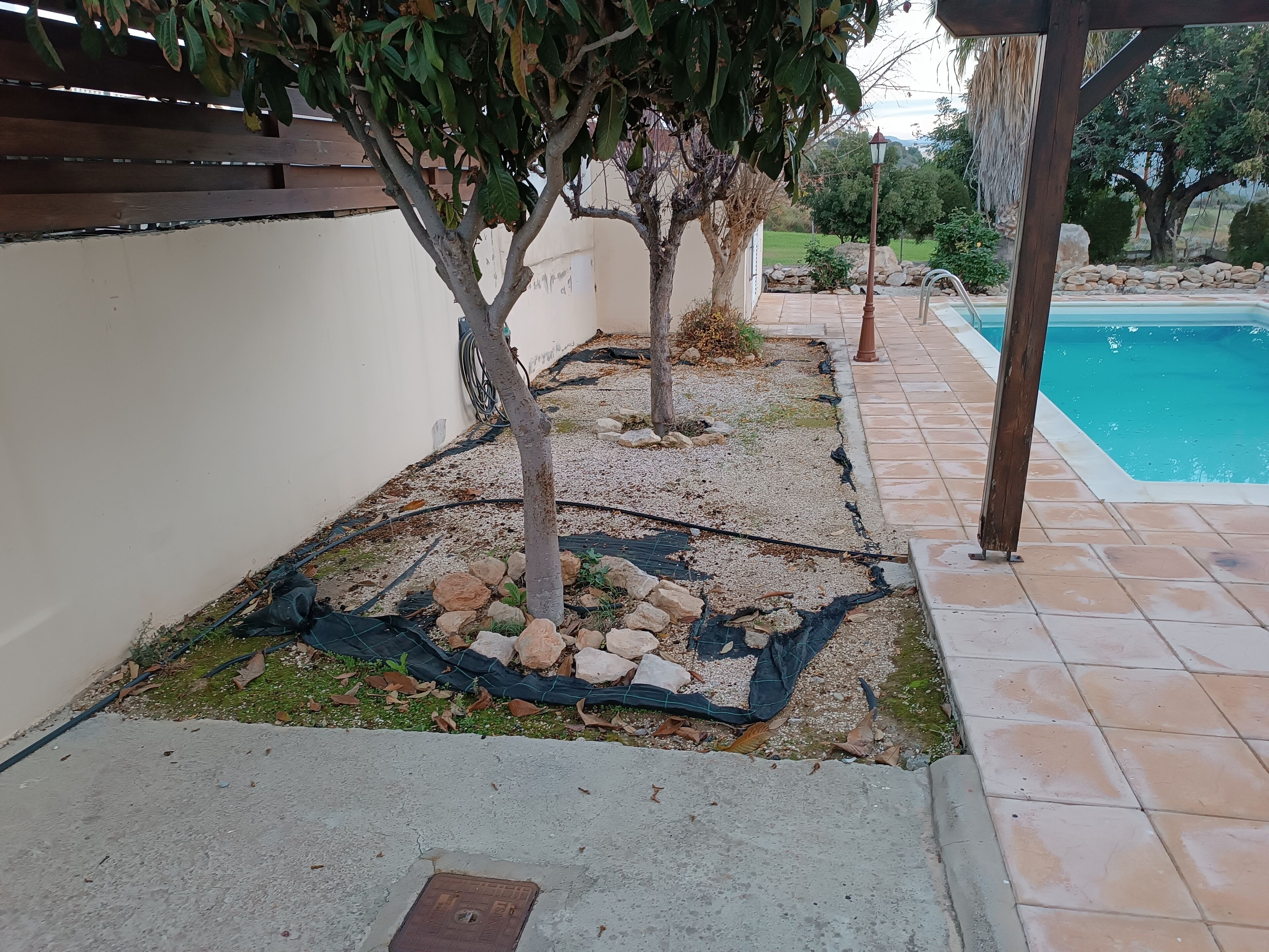 Uma área de jardim com piscina, caminho de pedra e uma estrutura de pérgola.