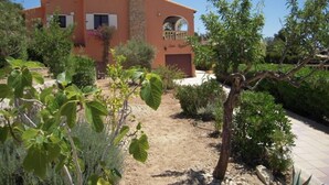 Un edificio a due piani con un camino in pietra, un giardino con diverse piante e un cielo azzurro limpido.