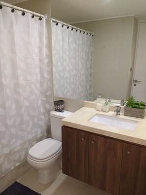 Duschwanne, Haartrockner, Handtücher