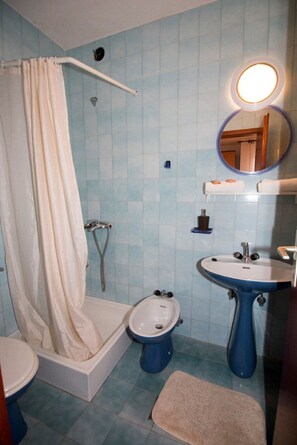 Hair dryer, towels, shampoo