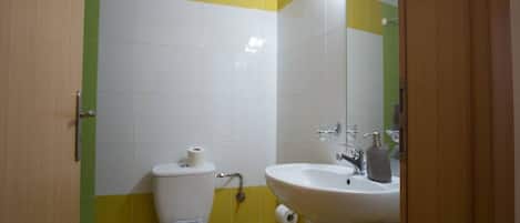 Een kleine badkamer met toilet, wastafel en spiegel.