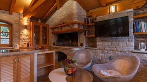 A cozy interior with a stone fireplace, wooden furniture, and a flat-screen TV mounted on the wall. - Quiet and Cozy Cottage in Nature (Buje)