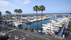 Ein Yachthafen mit zahlreichen Booten, Palmen und blauem Himmel.