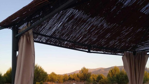 A pool area with a covered section, lounge chairs, and a lifebuoy. - Cortijo rural bacares 1 (Freila)
