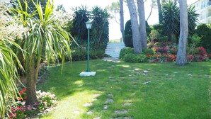 Un sendero en un jardín, con un farol, rodeado de abundante vegetación y plantas en flor.