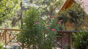 Una cabaña de madera con balcón, rodeada de exuberante vegetación y arbustos en flor.