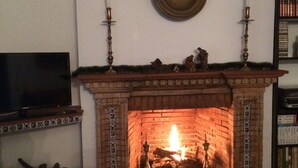 A fireplace with a television on a stand to the left, a bookshelf to the right, and a framed picture above the fireplace. - Commander's corner (Tocina)