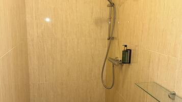Shower, eco-friendly toiletries, hair dryer, towels