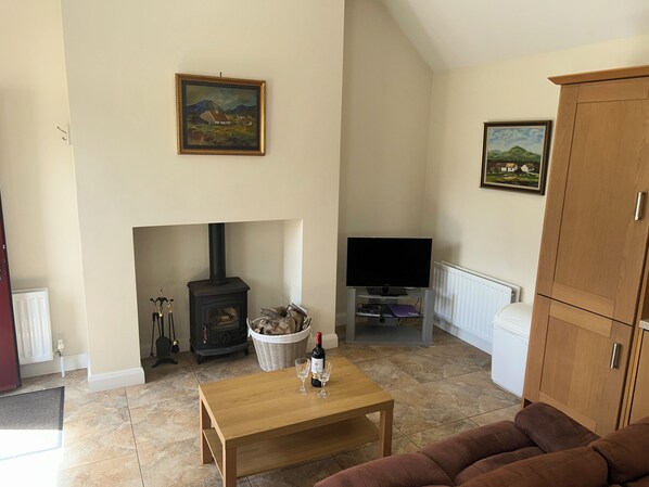 Una sala de estar con chimenea, televisor, sofá y un mueble de madera.