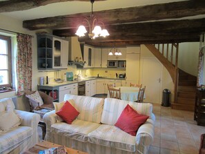 Télévision, cheminée, lecteur de DVD, livres