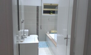 Combined shower/bathtub, hair dryer, towels, shampoo