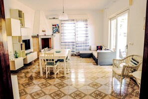 TV, fireplace, books, music library