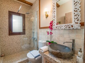 Combined shower/tub, hair dryer, towels, toilet paper
