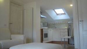A compact room with a skylight, a kitchenette, and a bed. - Top floor penthouse apartment with terrace in the historical center, 3 km from the beach (Oristano)