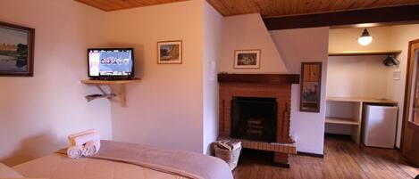 A bedroom with a bed, a TV mounted on the wall, a fireplace, and a small kitchen area.
