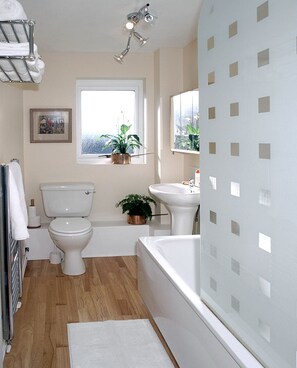 Duschwanne, Haartrockner, Handtücher, Toilettenpapier