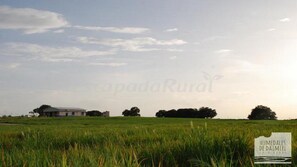 A rural landscape with a field, a building, and a sign reading "Humedales de Daheimel".