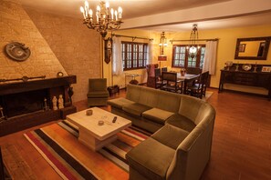 Smart TV, chimenea, reproductor de DVD, libros