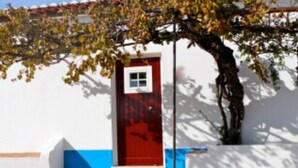 A white building with a red door and a tree in front.