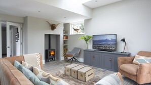 A modern living room with a fireplace, leather sofas, a television, and a stone wall with a mounted animal skull. - The Garden Rooms @ Drumagosker Rural Retreats (Limavady)