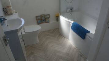 Combined shower/tub, hair dryer, towels, toilet paper