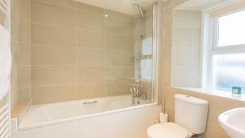 Hair dryer, towels, soap, toilet paper