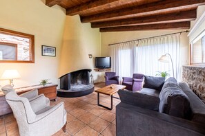 Televisio, takka, pöytätennispöytä, kirjoja