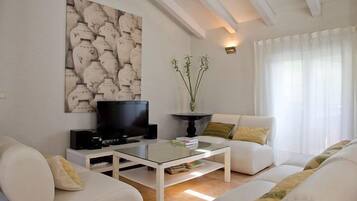 Een smart-tv, een open haard, een dvd-speler en boeken