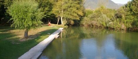 Un ambient tranquil al costat del riu, amb passeig de formigó, vegetació abundant i una muntanya a la distància.