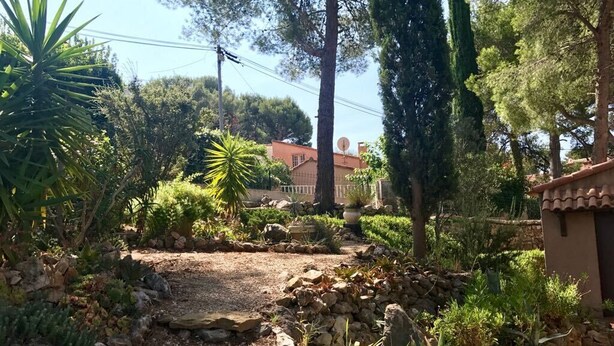 A garden pathway with rocks and plants, a building with a red roof, and a tall tree. - Villa with sea access on foot!  Quiet and large shady garden (Sanary-Sur-Mer)