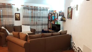 Una sala de estar con un sofá marrón, un televisor y una estantería.
