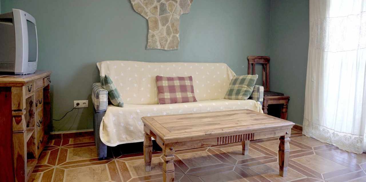 Een woonkamer met een bank, een houten salontafel, een decoratieve stenen muur en een televisie op een houten meubel.