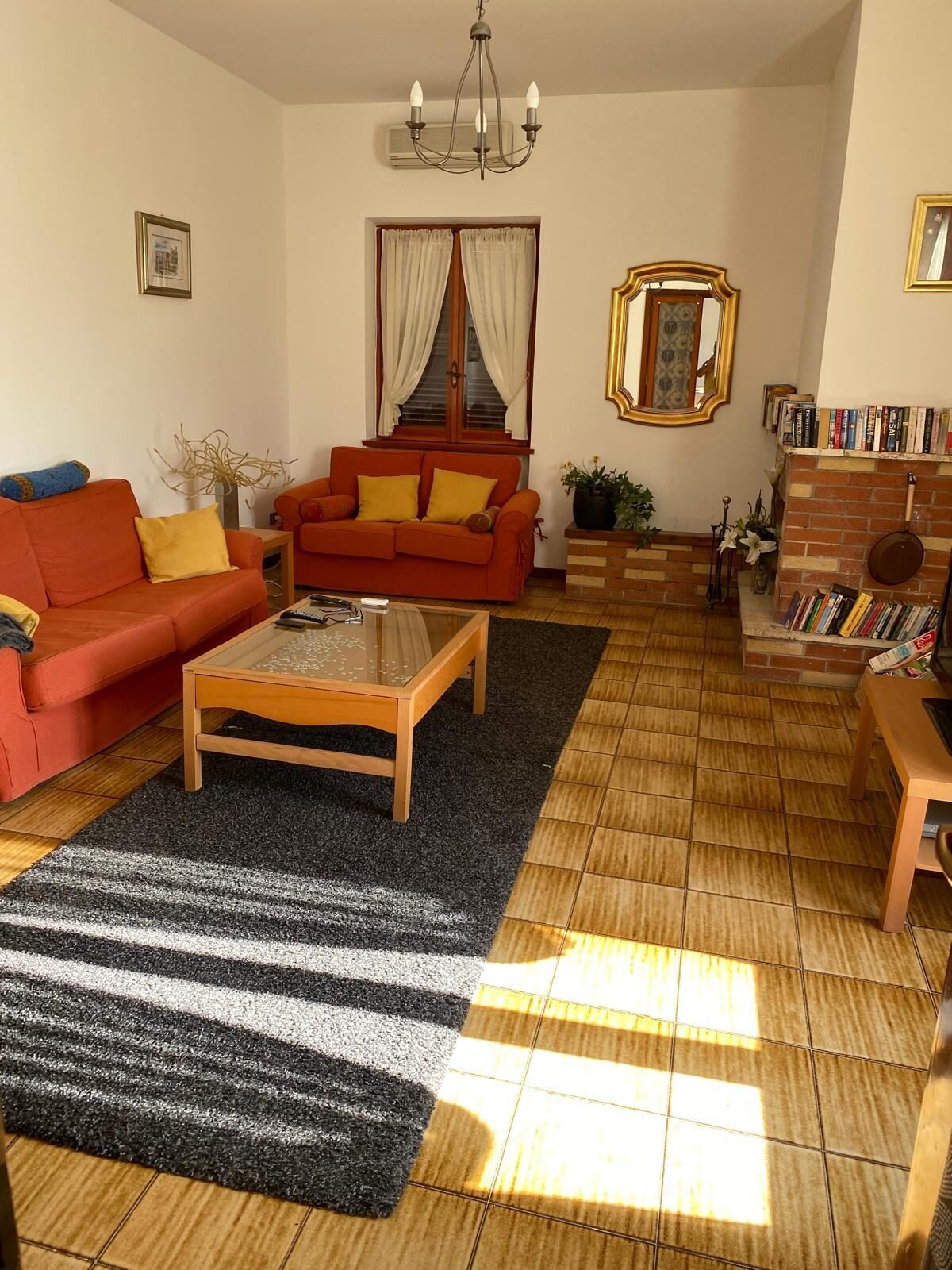 TV connectée, cheminée, lecteur de DVD, livres