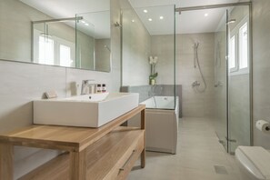 Combined shower/tub, jetted tub, hair dryer