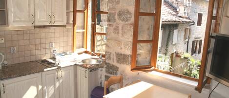 Fridge, stovetop, cookware/dishes/utensils, freezer