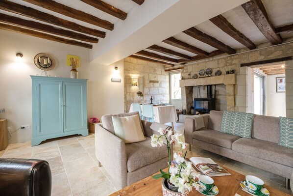 Smart TV, fireplace, DVD player, books