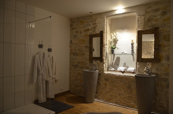 Hair dryer, bathrobes, slippers, towels