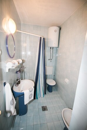 Hair dryer, towels, shampoo, toilet paper