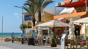 A beachfront restaurant with outdoor seating, palm trees, and a view of the sea.