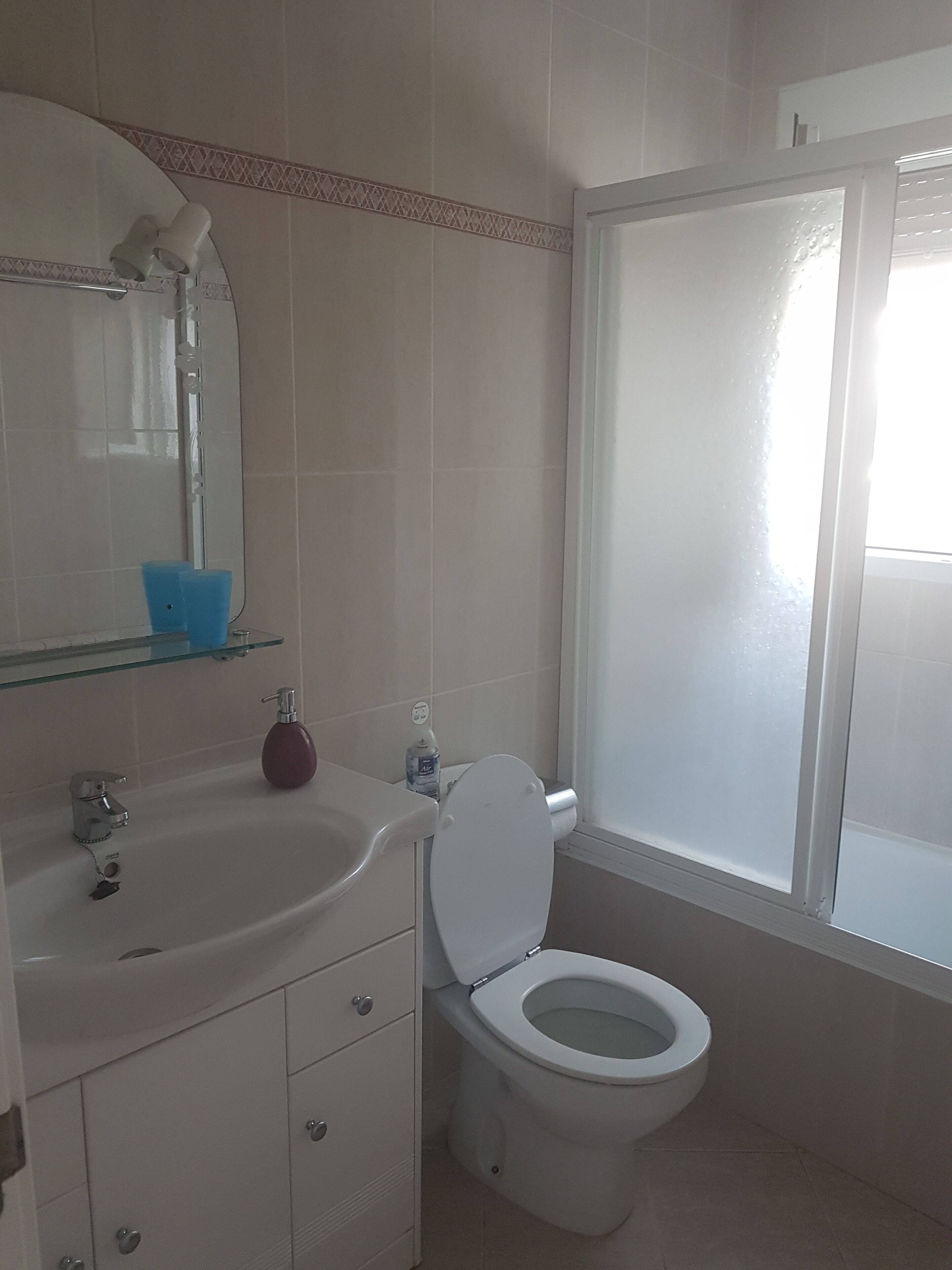 A bathroom with a toilet, sink, and mirror.