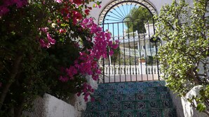 A staircase with ornate tiles leading to a gated entrance. - chalet bougainvillea sea view 500 m. from the beach available wifi (Almuñécar)