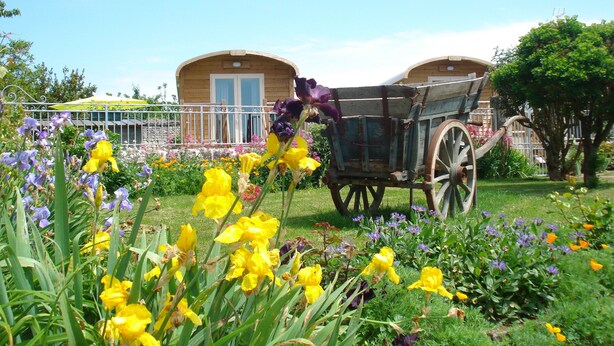 A garden with flowers and a wooden cart.