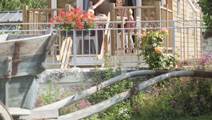 A wooden structure with a curved roof, a covered porch, and a wheelbarrow in the foreground.